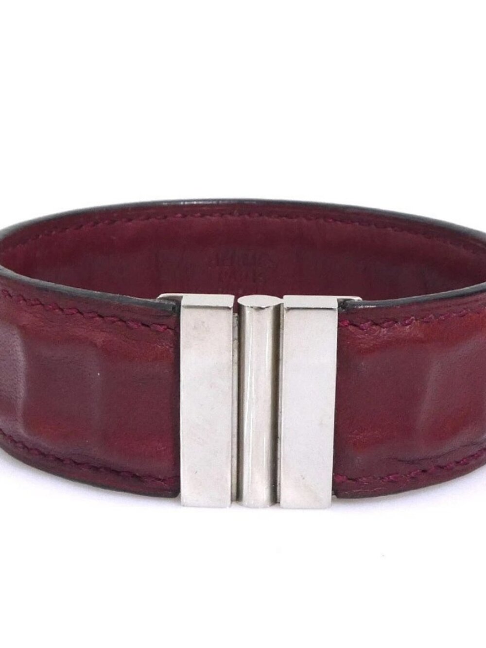Auth HERMES Bracelet Burgundy/Silver Leather/Metal - e61815a